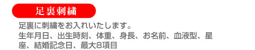 足裏刺繍　（生年月日、出生時刻、体重、身長、お名前、血液型、星座、結婚記
念日、最大8項目）
